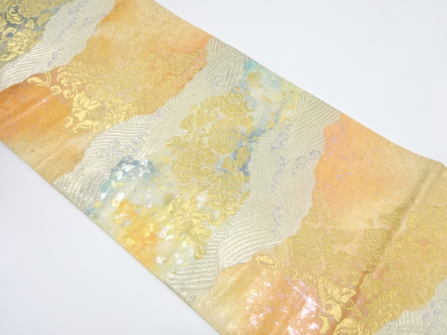 JAPANESE KIMONO / VINTAGE UNUSED FUKURO OBI / WOVEN FLOWER ARABESQUE